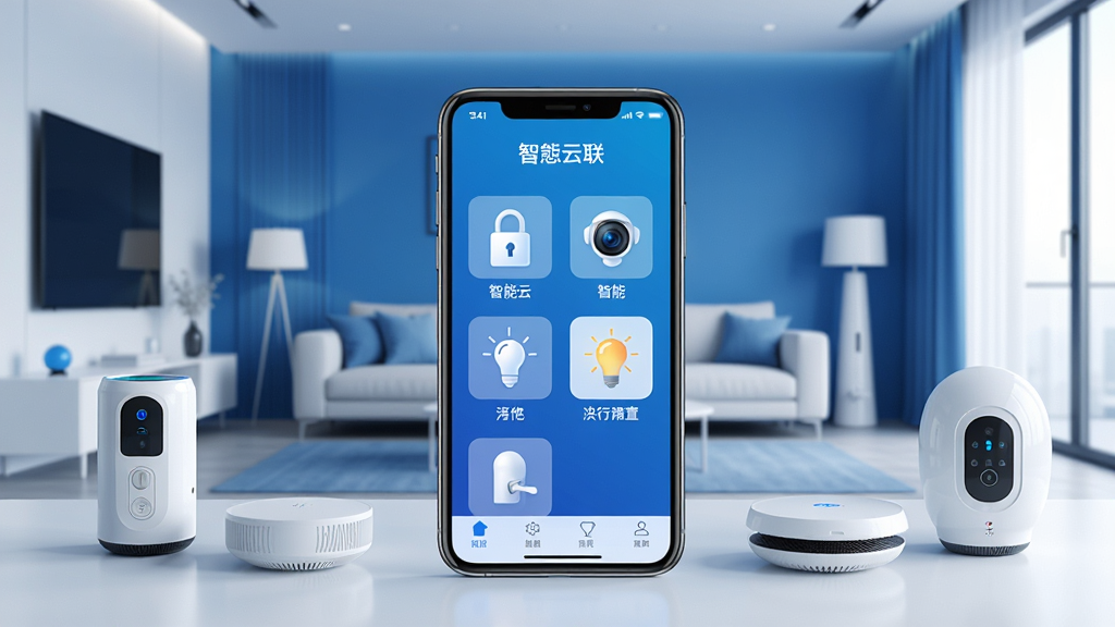 一张展示智慧云联核心全貌的场景图,画面中心是一部智能手机,屏幕上显示智慧云联应用界面,界面中有智能门锁、摄像头、灯光等设备图标整齐排列,手机周围环绕着智能家居设备,背景是现代简约风格的客厅,整体色调以蓝色和白色为主,风格简洁科技感强,细节清晰,画质高清,干净无多余元素