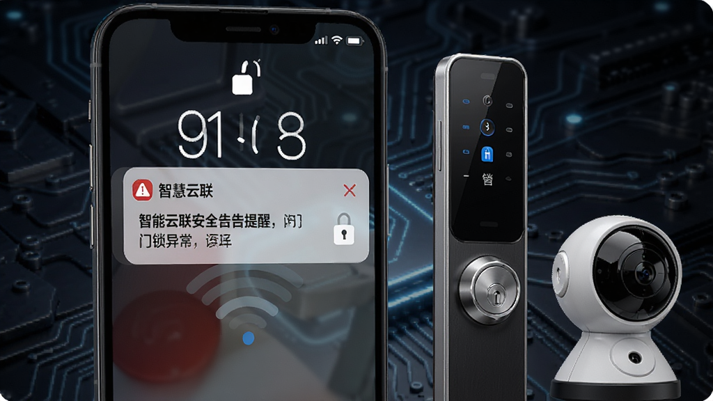 画面展示智慧云联安全告警推送功能,手机锁屏界面弹出智慧云联的告警通知,通知内容显示门锁异常提醒,手机旁边有智能门锁和摄像头设备,背景是深色科技风格,细节突出,画质高清,干净无多余元素