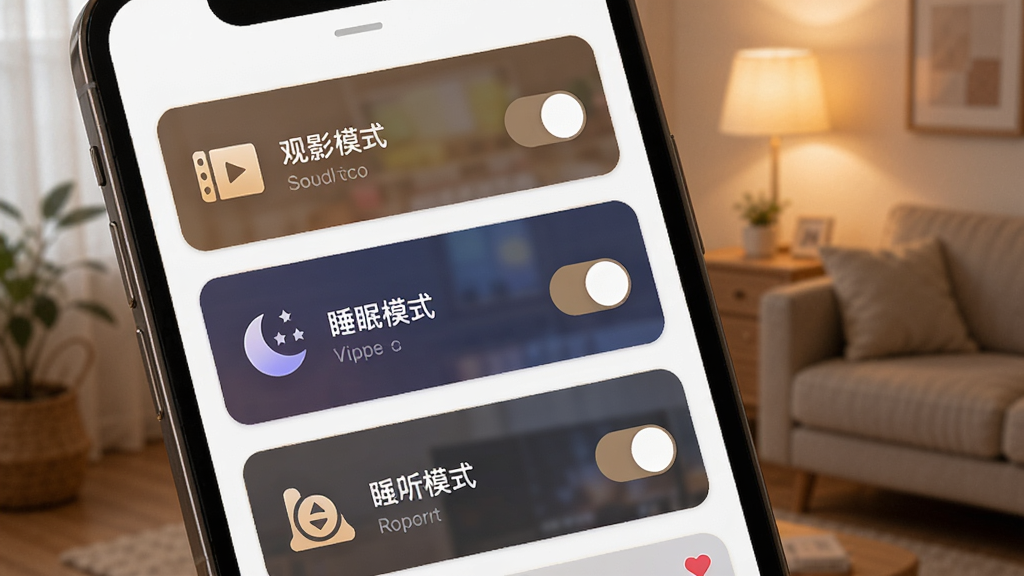 家用万能遥控器应用内智能场景模式设置界面,主体为手机屏幕显示场景卡片列表,布局为纵向排列多个场景卡片如观影模式、睡眠模式,风格为温馨家居风UI,细节包括卡片上的图标和开关按钮,画质清晰,干净,无多余元素