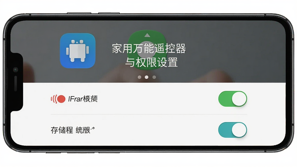 家用万能遥控器安卓版安装与权限设置示意图,主体为手机屏幕显示权限授予界面,布局为上下结构上方是应用图标下方是权限开关列表,风格为系统设置界面风格,细节包括红外权限开关和存储权限开关,画质清晰,干净,无多余元素