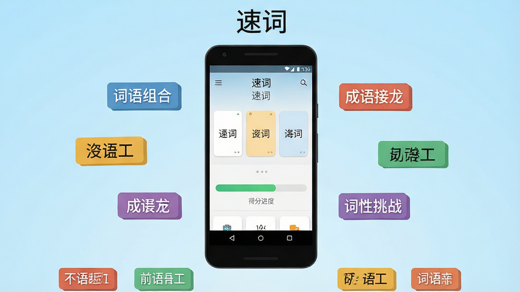 画面中央放置一部安卓手机,手机屏幕上显示“速词”应用主界面,界面中有词语卡片和得分进度条;手机周围散布彩色小字块,写着“词语组合”“成语接龙”“词性挑战”等字样;背景为浅蓝色渐变,整体布局上中下结构,上方标题区、中部手机主体、下方功能标签;风格为扁平化UI插画,细节干净,画质清晰,无多余元素