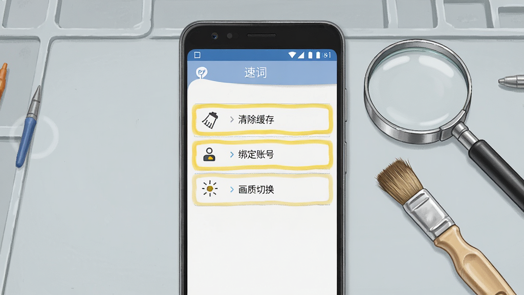 一部安卓手机屏幕显示“速词”设置界面,界面中有“清除缓存”“绑定账号”“画质切换”三个选项被高亮标注;手机旁边放着一个放大镜和一把小刷子,象征清理与检查;背景为浅灰色工作台;风格为写实工具插画,布局简洁,细节清晰,画质干净,无多余元素