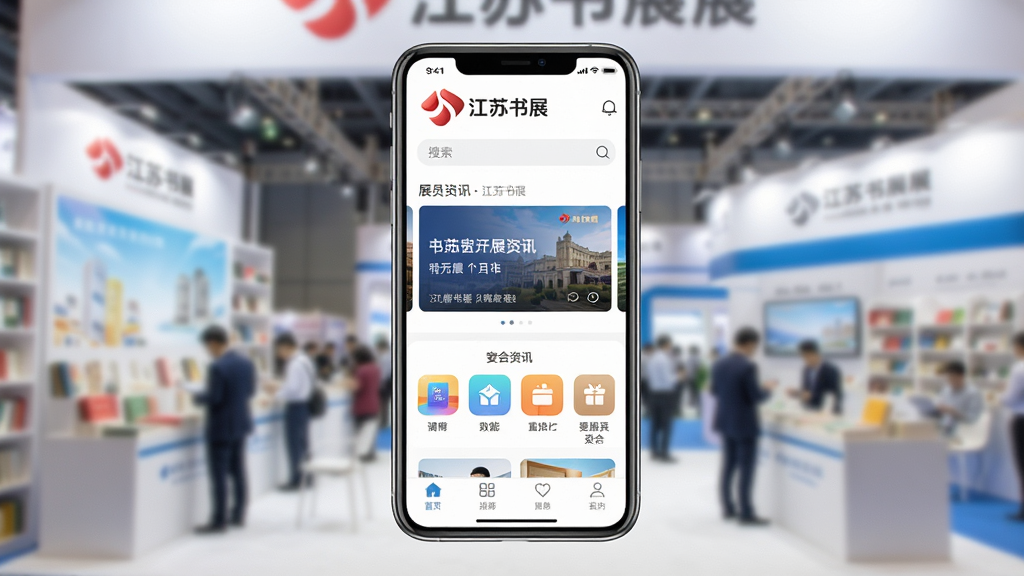 江苏书展App首页界面展示,画面中央为手机屏幕,屏幕内呈现江苏书展App的首页布局,顶部为江苏书展Logo与搜索栏,中部为展会资讯轮播图与功能入口图标,底部为导航栏,背景为简洁的书展现场虚化场景,风格清新明亮,细节清晰,画质高清,干净,无多余元素