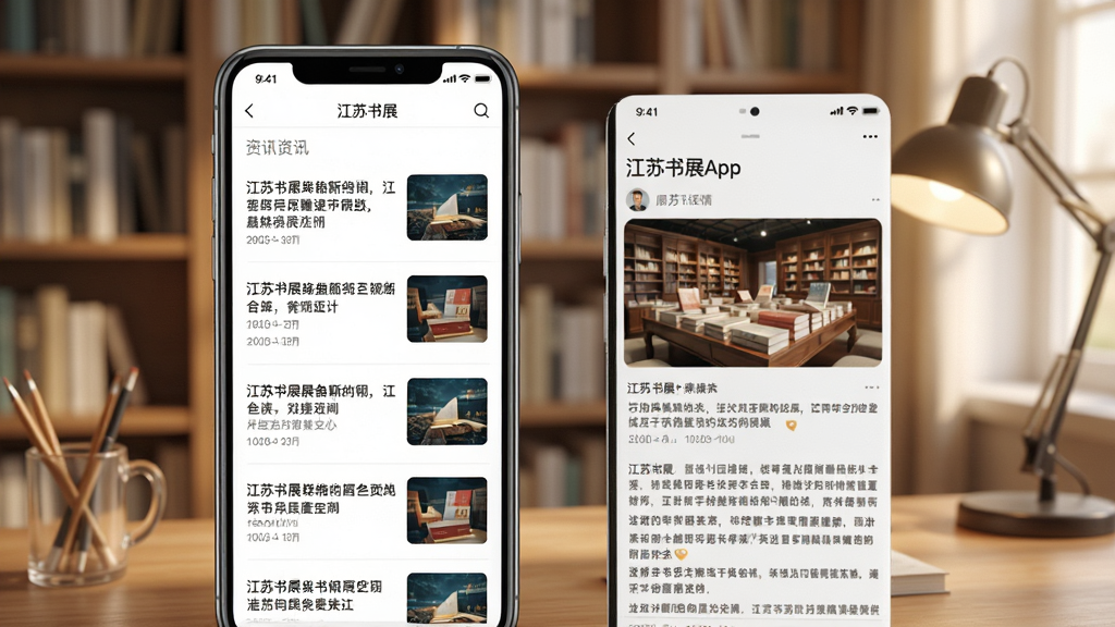 江苏书展App资讯页面展示,手机屏幕内呈现资讯列表与详情页,页面中显示江苏书展相关新闻标题与配图,界面风格简洁现代,背景为书房环境,光线柔和,画质清晰,干净,无多余元素