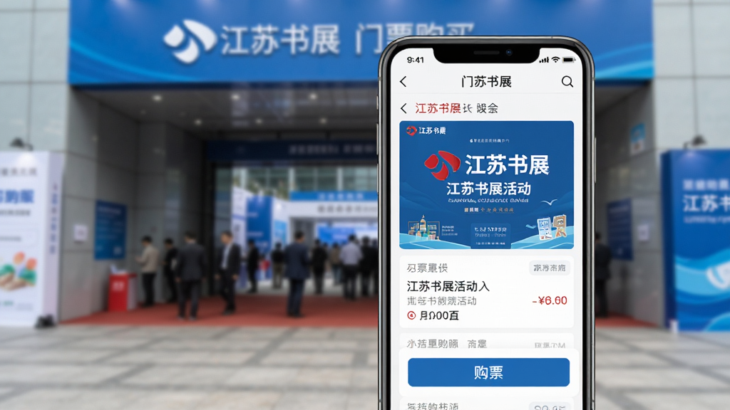 江苏书展App门票购买页面展示,手机屏幕内显示活动列表与购票按钮,页面中有江苏书展活动海报与价格信息,界面布局清晰,风格商务简洁,背景为展会入口场景,画质高清,干净,无多余元素
