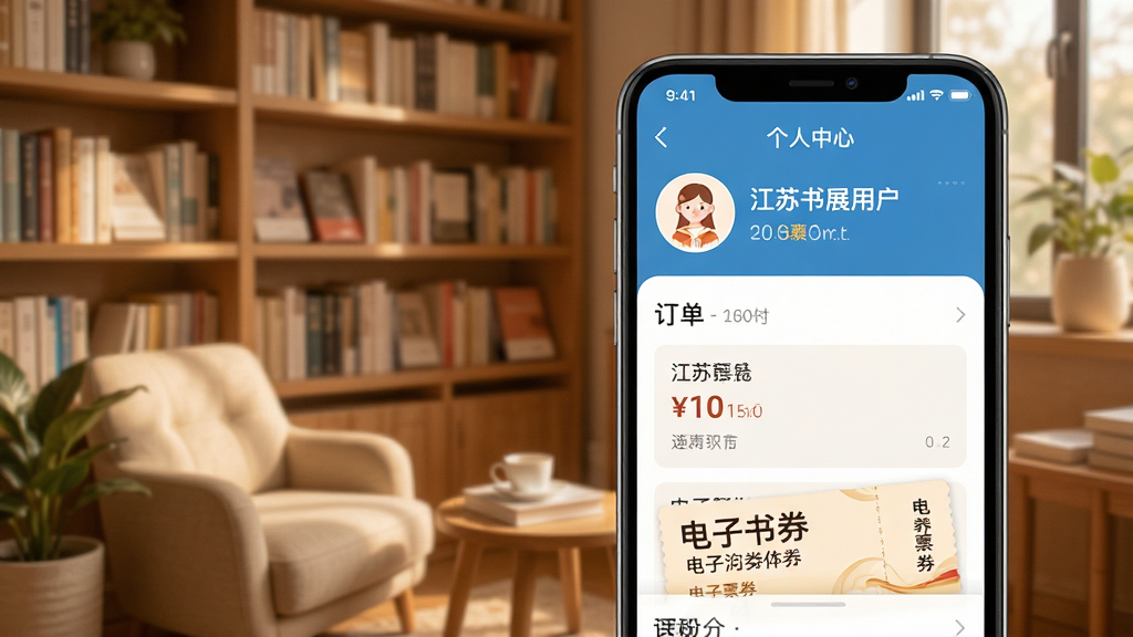 江苏书展App个人中心页面展示,手机屏幕内显示订单列表与电子票券,页面中有江苏书展用户头像与积分信息,界面风格温馨友好,背景为阅读角场景,画质清晰,干净,无多余元素