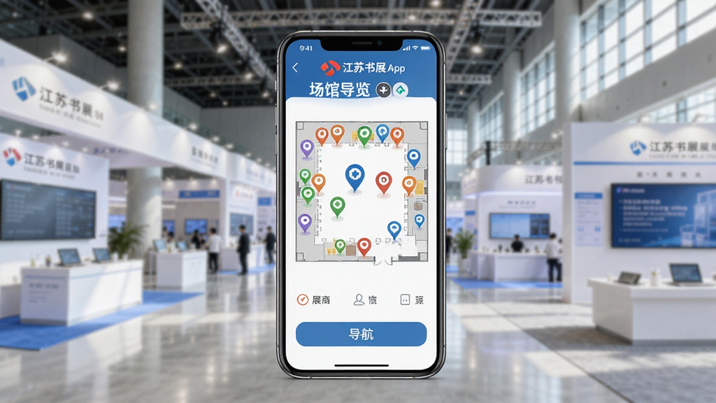 江苏书展App场馆导览页面展示,手机屏幕内显示展馆平面图与展商位置标记,页面中有江苏书展展位号与导航按钮,界面风格直观清晰,背景为现代展览中心内部,光线明亮,画质高清,干净,无多余元素