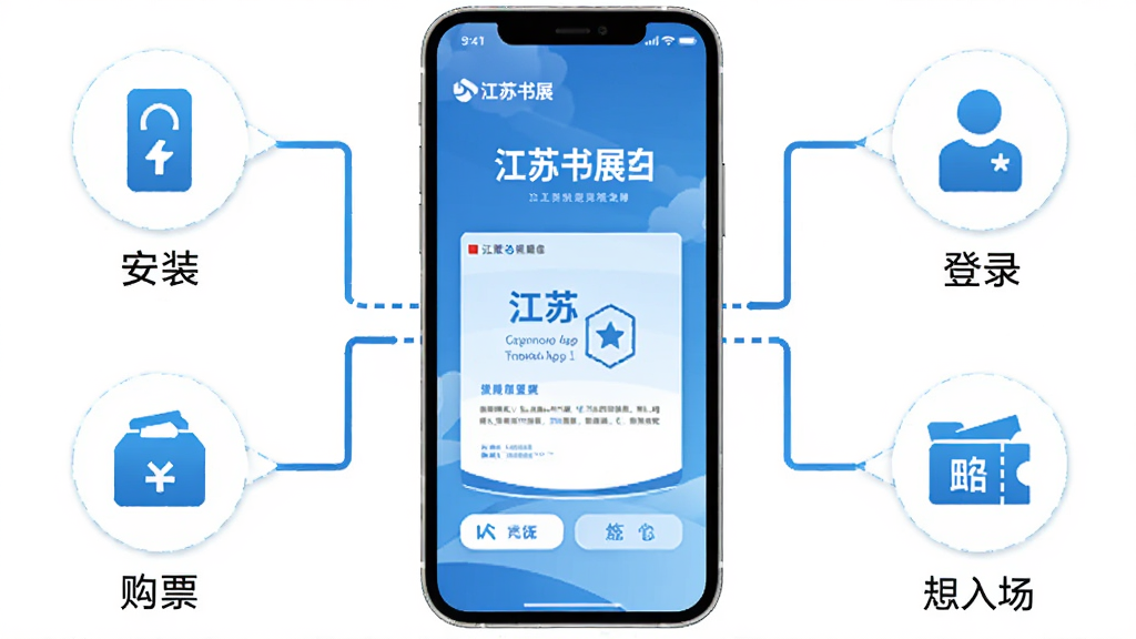 江苏书展App操作流程图,画面以手机屏幕为中心,周围环绕安装、登录、购票、入场四个步骤图标,每个步骤配有简洁文字说明,风格扁平化,配色以蓝白为主,背景干净,画质清晰,无多余元素