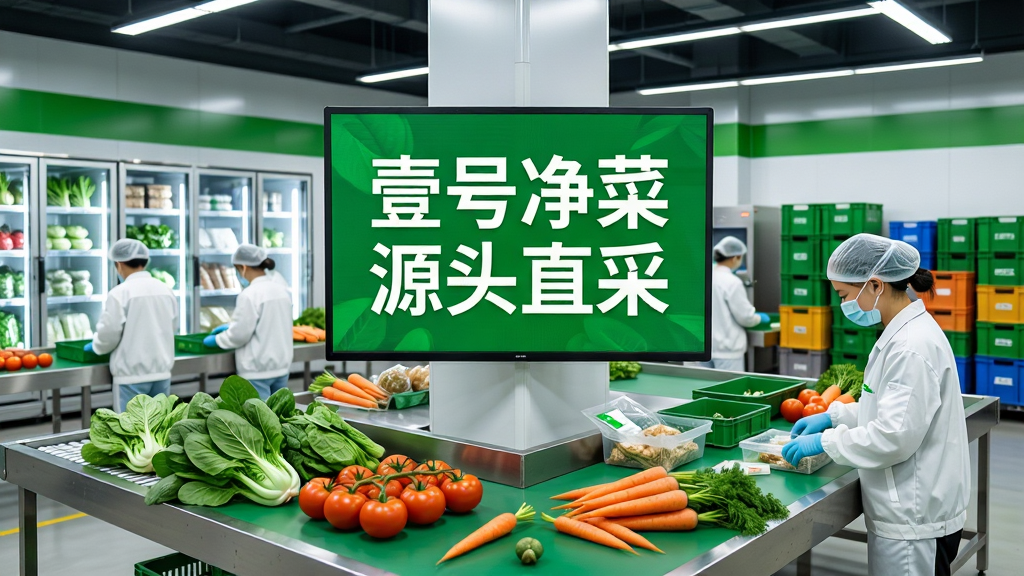 画面展示一个现代化生鲜分拣中心内部场景,中央位置有一块醒目的电子显示屏,屏幕上用大字标注“壹号净菜 源头直采”。分拣台上有序摆放着刚采摘的绿叶蔬菜、番茄、胡萝卜等,工作人员身穿洁净工作服正在进行分拣包装作业。背景可见冷藏仓储区域与物流周转箱。整体采用明亮写实的商业摄影风格,色调以绿色和白色为主,画面干净整洁,细节清晰,画质高清,无杂乱元素。