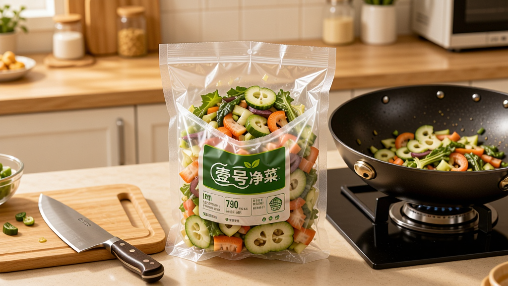 画面中央展示一个打开的真空包装袋,袋内是洗净切好的混合蔬菜,包装袋上印有“壹号净菜”品牌标识。旁边摆放着砧板、菜刀和一口干净的炒锅,锅内正翻炒着刚拆袋的净菜。背景为温馨的家庭厨房环境,暖色调灯光,整体采用生活化的写实风格,构图紧凑,细节丰富,画质清晰,画面干净无多余杂物。