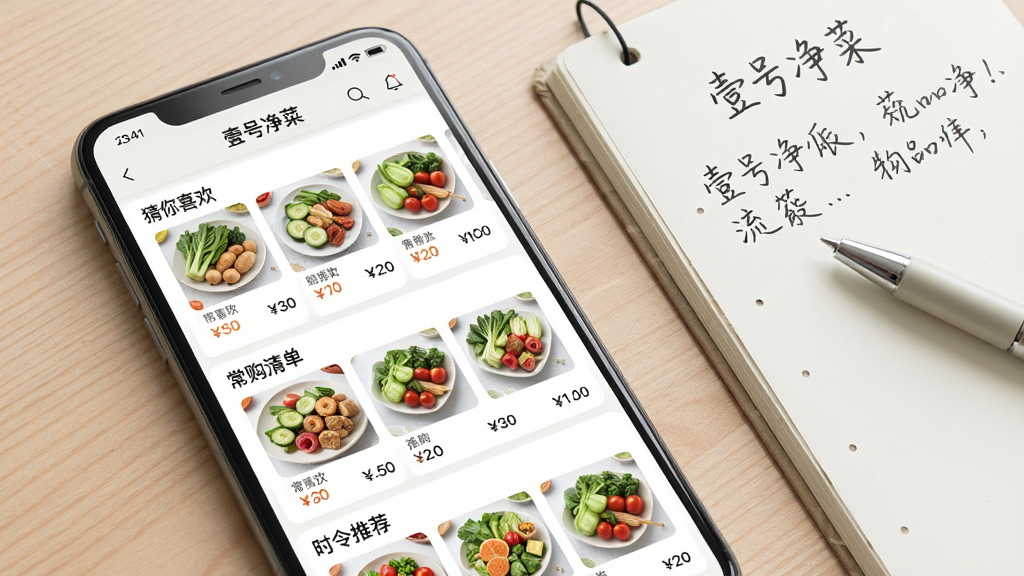 手机屏幕特写,屏幕上显示“壹号净菜”的智能推荐页面,页面中有“猜你喜欢”“常购清单”“时令推荐”等板块,每个板块配有食材图片与价格标签。手机旁边放着一本手写菜谱和一支笔,背景为浅色木质桌面。整体采用清新简约的数码产品展示风格,光线均匀柔和,画质清晰,画面干净整洁,无多余元素。