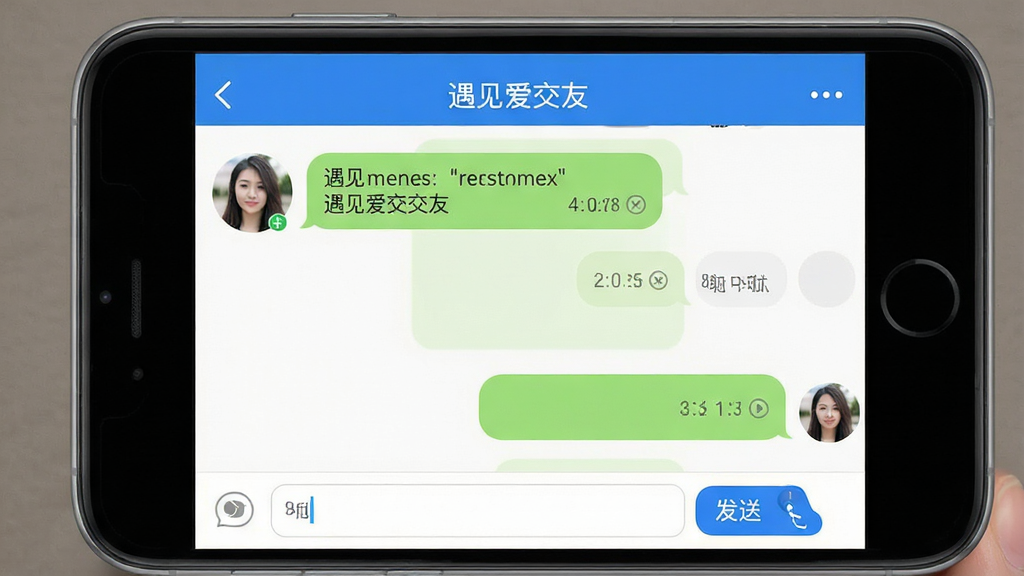 一张手机聊天界面截图风格图片,主体是“遇见爱交友”的聊天窗口,左侧显示对方头像与消息气泡,右侧显示本人回复,输入框内有“发送”按钮;布局为手机屏幕竖版展示;排版上软件名称“遇见爱交友”出现在顶部导航栏;风格为真实应用界面模拟;细节包括聊天气泡圆角、时间戳、已读标记;画质高清、干净、无多余元素。