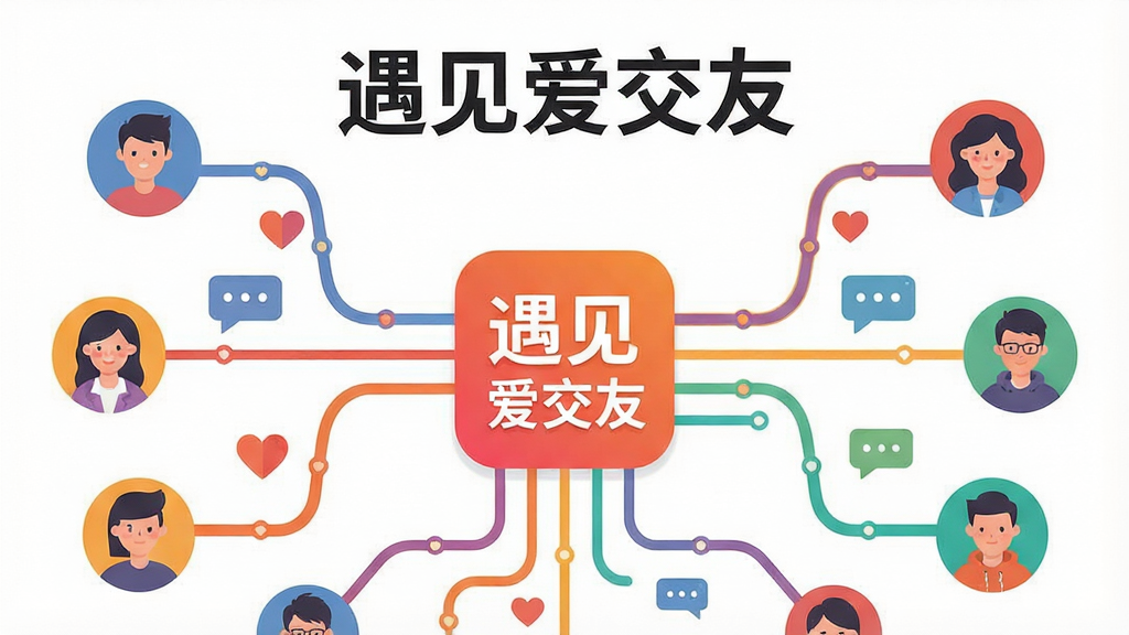 一幅插画风格图片,主体是抽象的数据匹配网络,中心位置显示“遇见爱交友”应用图标,四周延伸出多条彩色线条连接不同用户头像;布局采用中心辐射式构图;排版上应用名称位于画面正上方;风格为科技感与温暖感结合的扁平插画;细节包括线条上的小爱心与聊天气泡符号;画质清晰、干净、无多余元素。