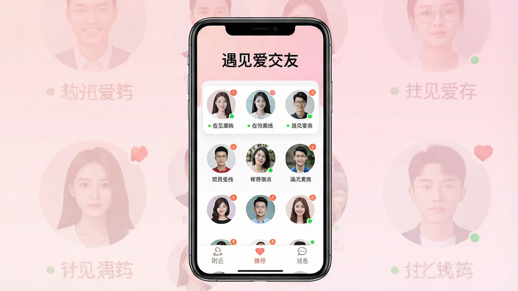 一张手机界面展示图,主体是一部竖屏智能手机,屏幕上显示“遇见爱交友”应用的主页,页面中央排列着多位用户的圆形头像卡片,下方有“附近”“推荐”“消息”等底部导航按钮;布局为手机居中、背景为浅粉色渐变;排版上应用名称“遇见爱交友”位于顶部醒目位置;风格为现代扁平化UI设计,干净清爽;细节包括头像旁的在线状态小绿点、消息角标提示;画质高清、干净、无多余元素。