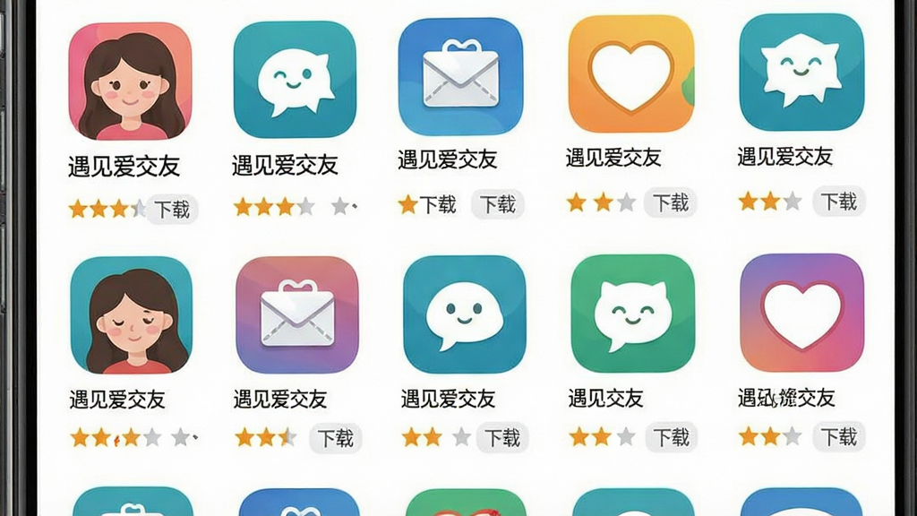一张手机应用商店搜索列表截图风格图片,主体是“遇见爱交友”及同类社交应用图标排列,图标下方有应用名称和星级评分;布局为竖版手机屏幕内网格排列;排版上“遇见爱交友”图标位于左上角第一个位置;风格为应用商店真实界面模拟;细节包括每个应用图标圆角、评分星星、下载按钮;画质高清、干净、无多余元素。