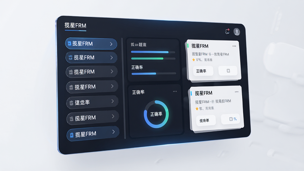 主体为一块悬浮的虚拟数据面板,面板中显示多个科目分类标签,标签上写有揽星FRM,布局为左右分栏,左侧为科目列表右侧为题目卡片,排版清晰,风格为现代简约科技感,细节包含进度条、正确率环形图,画质高清,干净,无多余元素