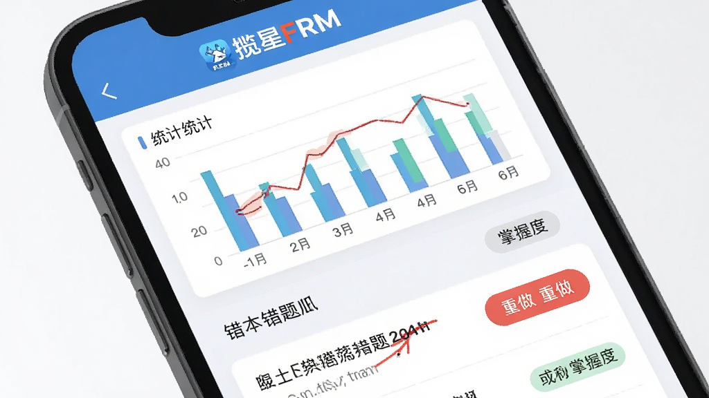 主体为手机屏幕展示错题本界面,界面顶部有揽星FRM标识,布局为上下结构,上方为统计图表下方为错题列表,排版工整,风格为清新学习风,细节包含红色标记、重做按钮、掌握度标签,画质清晰,干净,无多余元素
