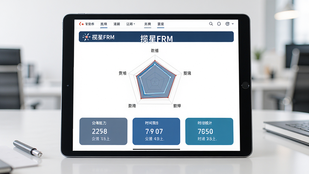 主体为平板电脑展示模拟考试报告页面,页面中央有揽星FRM字样,布局为居中大图展示,排版包含雷达图与分数卡片,风格为专业数据报告风,细节包含五维能力图、得分数字、时间统计,画质高清,干净,无多余元素