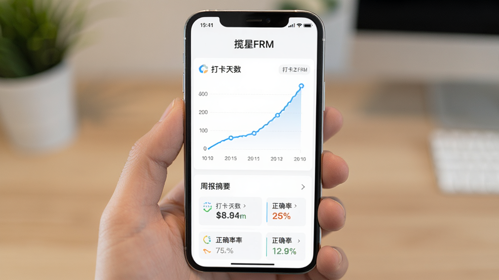 主体为手机屏幕展示学习进度曲线图,屏幕上方有揽星FRM名称,布局为纵向排列,上方为折线图下方为周报摘要,排版简洁,风格为轻量级数据可视化,细节包含上升曲线、打卡天数、正确率百分比,画质清晰,干净,无多余元素