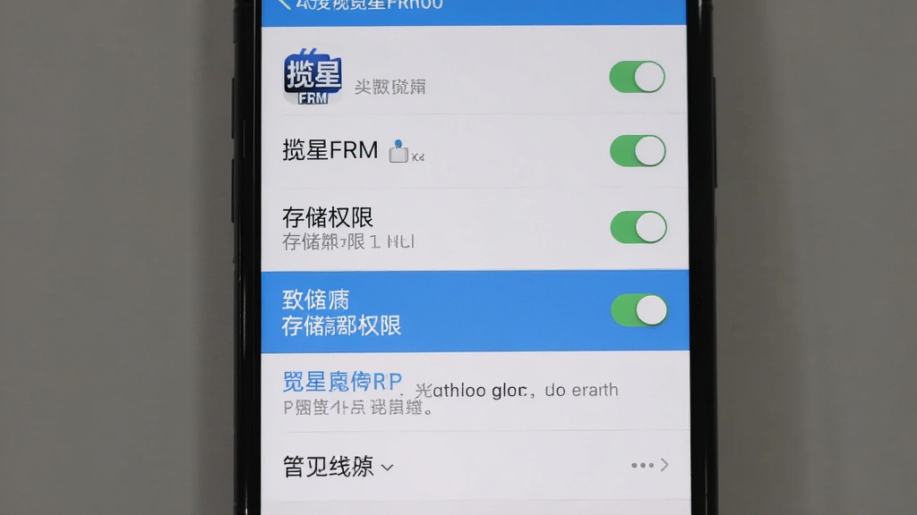 主体为手机屏幕展示应用权限设置界面,界面中包含揽星FRM图标,布局为竖向列表,排版清晰,风格为系统设置界面风格,细节包含权限开关、存储权限高亮、提示文字,画质清晰,干净,无多余元素