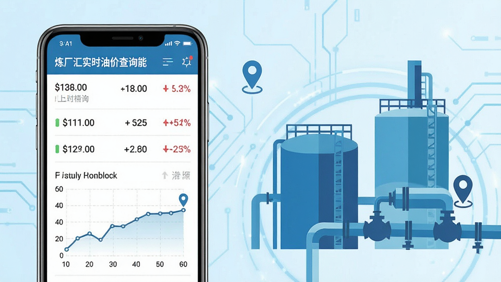 一幅展示炼厂汇实时油价查询功能的场景图,画面左侧为一部手机,屏幕显示油价列表和走势图,右侧为抽象化的炼厂储罐和管道图形,背景为淡蓝色科技感线条,风格为商务信息图,细节包含价格数字、涨跌百分比、地图定位图标,画质清晰,干净,无多余元素