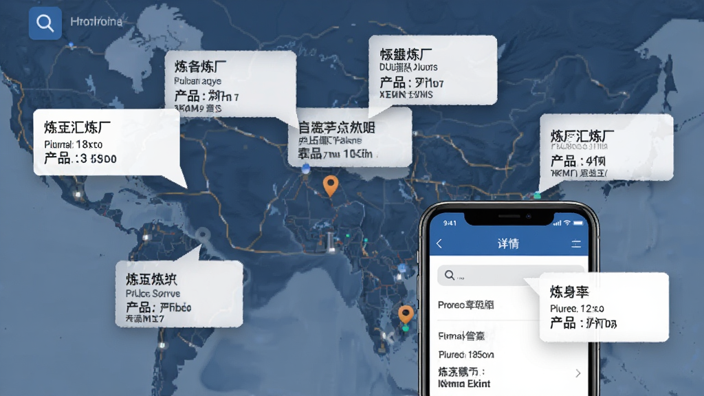 一幅展示炼厂汇炼厂信息大全功能的示意图,画面以地图为背景,地图上标注多个炼厂位置点,每个点旁边弹出信息卡片显示炼厂名称和产品,前景为一部手机展示炼厂详情页,风格为现代信息图,细节包含地图标记、信息卡片、搜索图标,画质清晰,干净,无多余元素