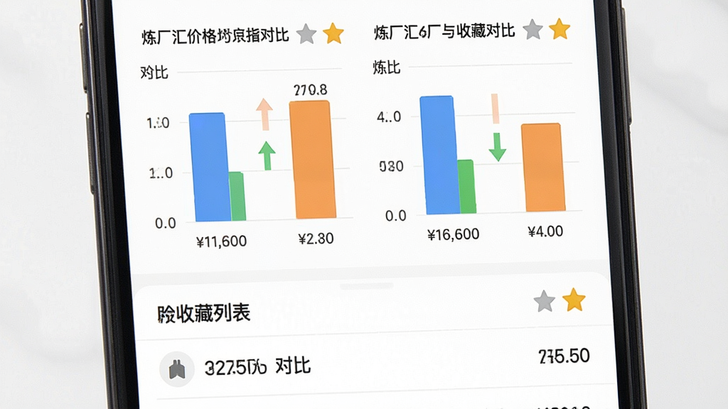 一幅展示炼厂汇价格对比与收藏功能的界面图,画面为手机屏幕特写,屏幕上半部分显示两个炼厂的价格对比柱状图,下半部分显示收藏列表,背景为白色,风格为简洁UI设计,细节包含对比箭头、收藏星标、价格数字,画质清晰,干净,无多余元素