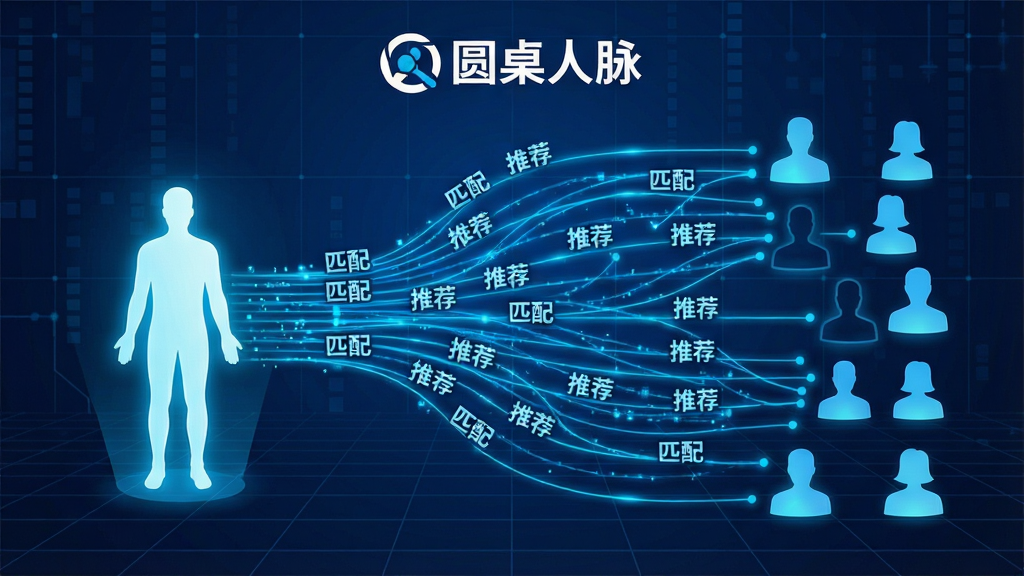 一张展示数据流动的科技风插画,画面中一个代表用户的发光人形剪影站在左侧,右侧是排列整齐的其他人物剪影,中间有无数条发光的蓝色数据线将用户与其他人连接起来,数据线上流动着“匹配”、“推荐”等字样,背景是深蓝色的数字网格,画面顶部有“圆桌人脉”的logo,风格极具未来科技感,画质高清,干净无多余元素