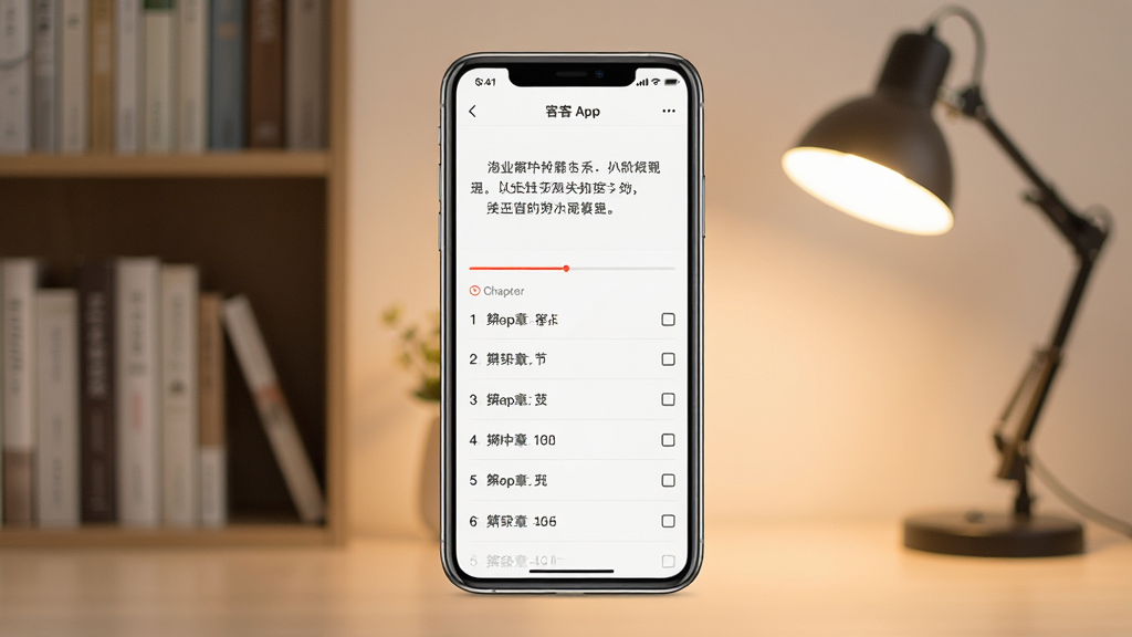一张展示手机阅读场景的图片,画面中央是一部竖屏智能手机,手机屏幕上显示小说客App的阅读界面,背景是温馨的室内环境,有书架和暖色台灯,布局简洁,风格现代清新,细节包括手机边框、阅读进度条和章节列表,画质清晰干净,无多余元素