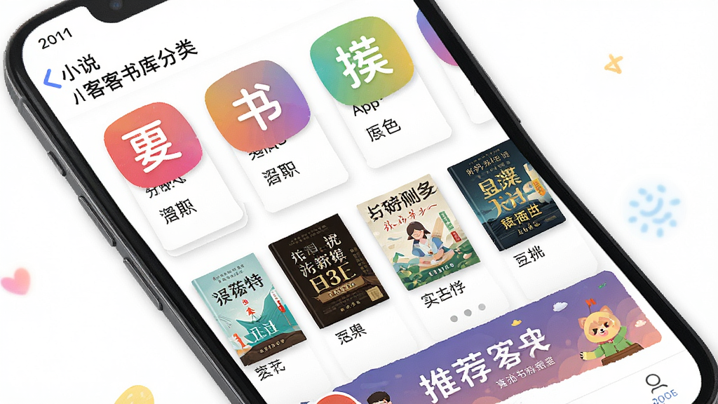 一张展示小说客App书库分类界面的图片,画面主体是手机屏幕,屏幕上排列着多个彩色分类图标和书籍封面,布局整齐,风格明亮活泼,细节包括分类标签和推荐横幅,画质清晰干净,无多余元素