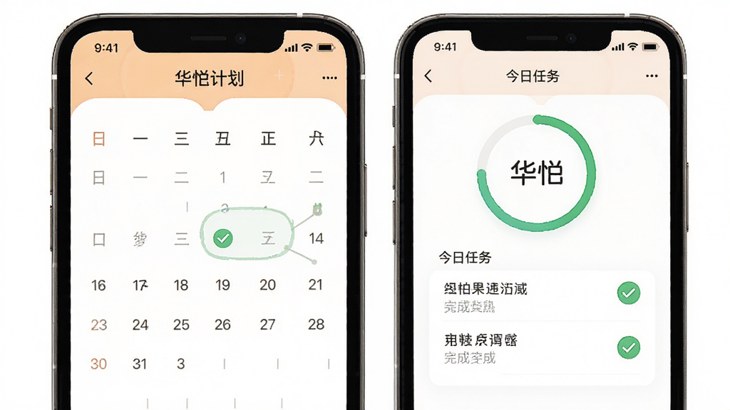 华怿在线APP学习计划界面,手机屏幕显示日历打卡记录和今日任务列表,有进度环和完成勾选标记,界面风格温馨,画质干净,无多余元素