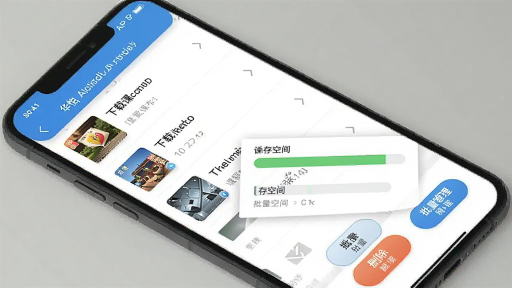 华怿在线APP离线缓存管理界面,手机屏幕显示已下载课程列表和存储空间占用条,有删除和批量管理按钮,界面简洁,画质干净,无多余元素