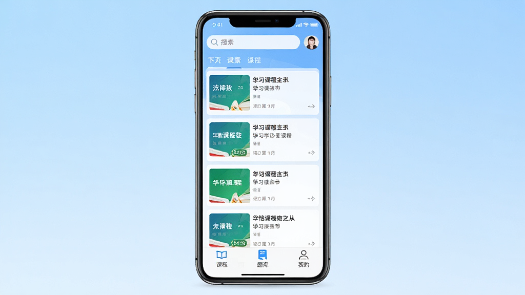 一张展示华怿在线APP主界面的手机屏幕截图,画面中央是手机竖屏显示学习课程列表,顶部有搜索栏和用户头像,底部有课程、题库、我的等导航按钮,背景为浅蓝色渐变,风格简洁现代,细节清晰,画质干净,无多余元素