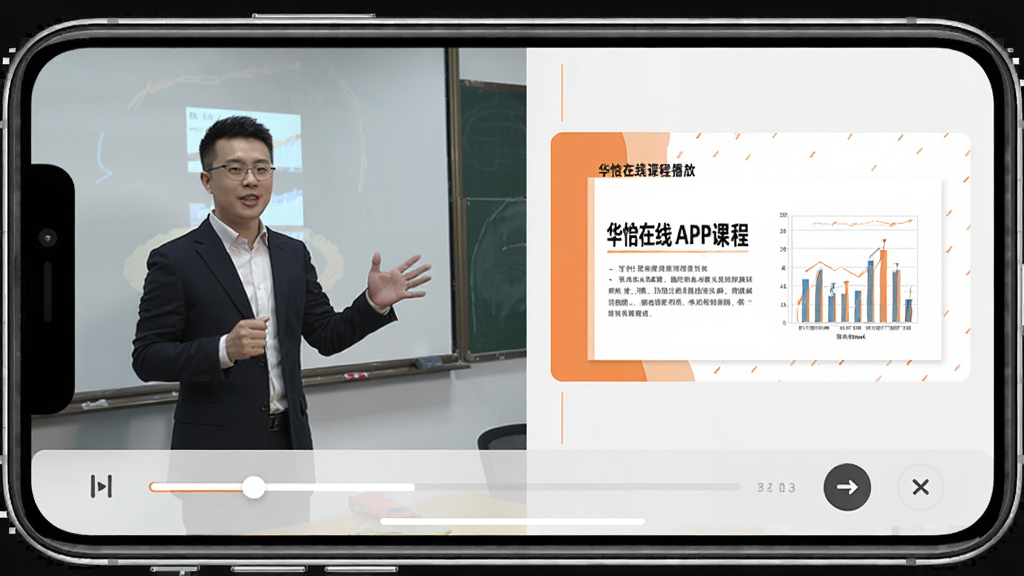 华怿在线APP课程播放界面,手机横屏显示讲师授课画面和PPT课件,下方有进度条和倍速按钮,画面清晰,风格专业,画质干净,无多余元素