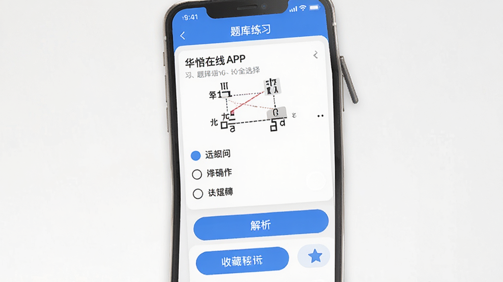 华怿在线APP题库练习界面,手机屏幕显示一道选择题和四个选项,下方有解析按钮和收藏按钮,界面配色为白色与蓝色,风格清爽,画质干净,无多余元素