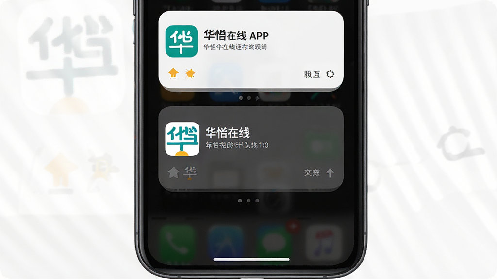 一张华怿在线APP在手机上的多任务后台运行示意图,画面展示手机屏幕从底部上滑后的多任务卡片界面,其中华怿在线应用卡片清晰可见,背景为深色,风格写实,画质干净,无多余元素