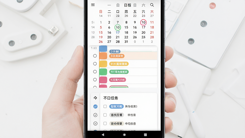 智能日程表软件主界面全貌展示,主体为一部安卓手机屏幕,屏幕中显示彩色时间轴与待办事项列表,布局采用上下结构上方为月历视图下方为今日任务卡片,排版整齐留白适中,风格为现代扁平化清新风,细节包含圆形复选框与彩色分类标签,画质高清干净无多余元素