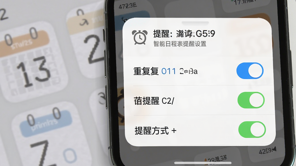 智能日程表提醒设置界面,主体为手机屏幕弹出提醒时间选择面板,布局为垂直列表展示重复选项与提醒方式开关,排版层次分明,风格为柔和圆角设计,细节包含闹钟图标与彩色开关按钮,画质高清干净无多余元素