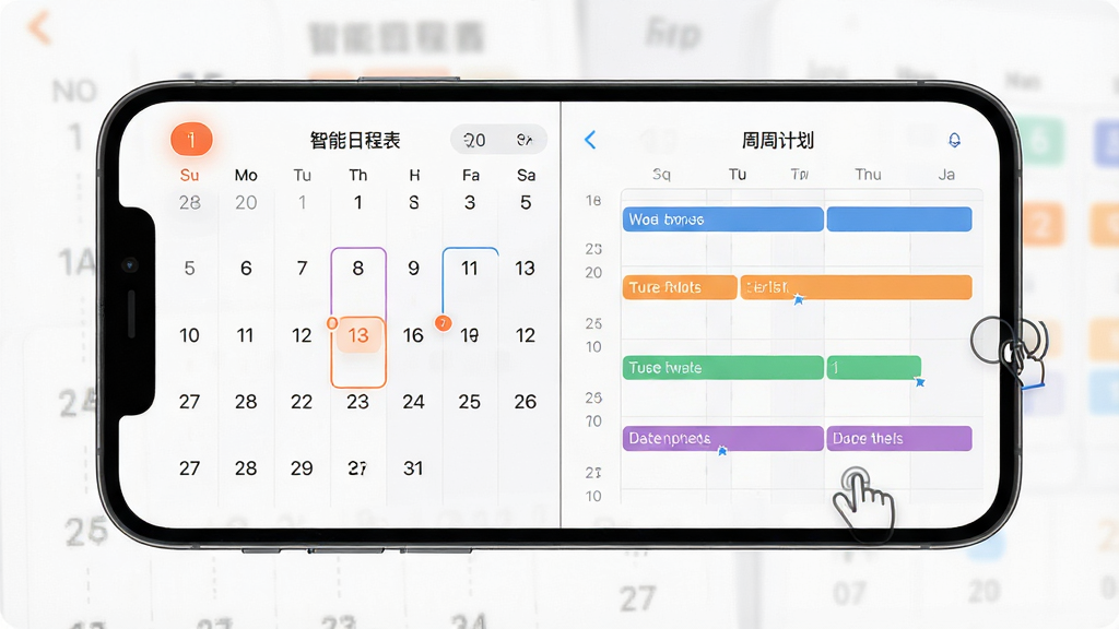 智能日程表多视图切换界面,主体为手机屏幕展示月视图与周视图并列对比,布局为左右分栏左侧月历右侧周计划,排版清晰展示日期网格与彩色事件条,风格为简约商务风,细节包含高亮今日日期与拖拽调整手势,画质高清干净无多余元素