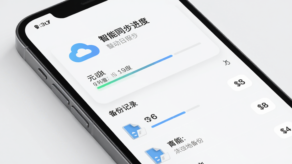 智能日程表数据同步与备份界面,主体为手机屏幕显示云端同步进度与本地备份文件列表,布局为上下结构上方为账号信息下方为备份记录,排版简洁,风格为素雅极简风,细节包含云朵图标与进度条,画质高清干净无多余元素