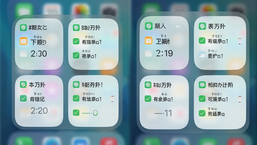 智能日程表桌面小组件展示,主体为手机桌面屏幕显示2x2与4x2两种尺寸的日程组件,布局为图标与文字混排展示今日日期与三条待办事项,排版紧凑信息清晰,风格为清新浅色风,细节包含半透明背景与圆角边框,画质高清干净无多余元素