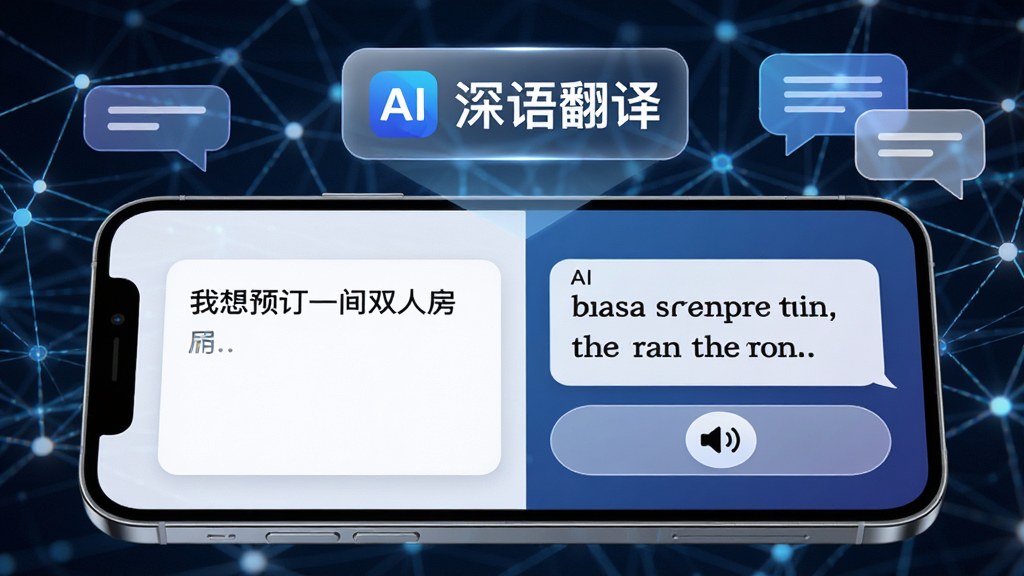 深语翻译AI虚拟对话功能展示图,画面中一部手机横屏显示,左侧是用户输入的中文“我想预订一间双人房”,右侧是AI生成的英文翻译及语音播放按钮,手机上方漂浮着“深语翻译”品牌标识,背景是抽象的网络连接线条与对话气泡,风格科技感十足,细节丰富,画质干净