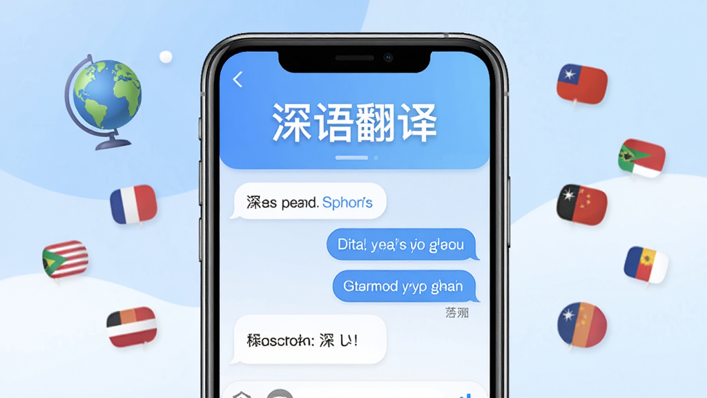 深语翻译软件主界面预览图,画面中央是一部智能手机,屏幕上显示着深语翻译APP的对话翻译界面,顶部有“深语翻译”四个大字,下方是中英文双语气泡对话,背景是柔和的蓝白渐变色调,周围点缀着地球仪和不同国家的国旗小图标,整体风格简洁现代,画质清晰,无多余元素