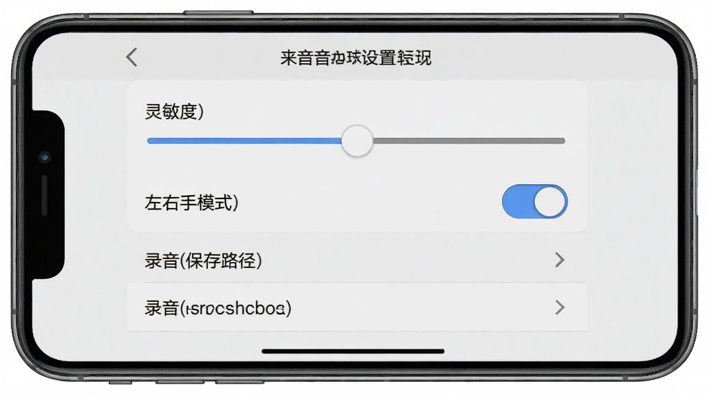 来音架子鼓软件在手机端运行时的设置菜单界面预览图,画面中显示灵敏度调节滑块、左右手模式切换开关、录音保存路径选项等,界面背景为浅灰色,风格简洁实用,细节上选项文字清晰可辨,画质干净,无多余元素