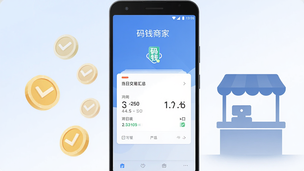 画面中央是一部竖向摆放的安卓手机,手机屏幕显示收款到账通知与当日交易汇总卡片,手机左侧漂浮几个半透明的金币与对勾图标,右侧放置一个简洁的商铺柜台剪影,背景为浅蓝到白色的渐变,整体采用扁平化科技风格,画面干净整洁,文字清晰显示“码钱商家”,高分辨率,无多余元素