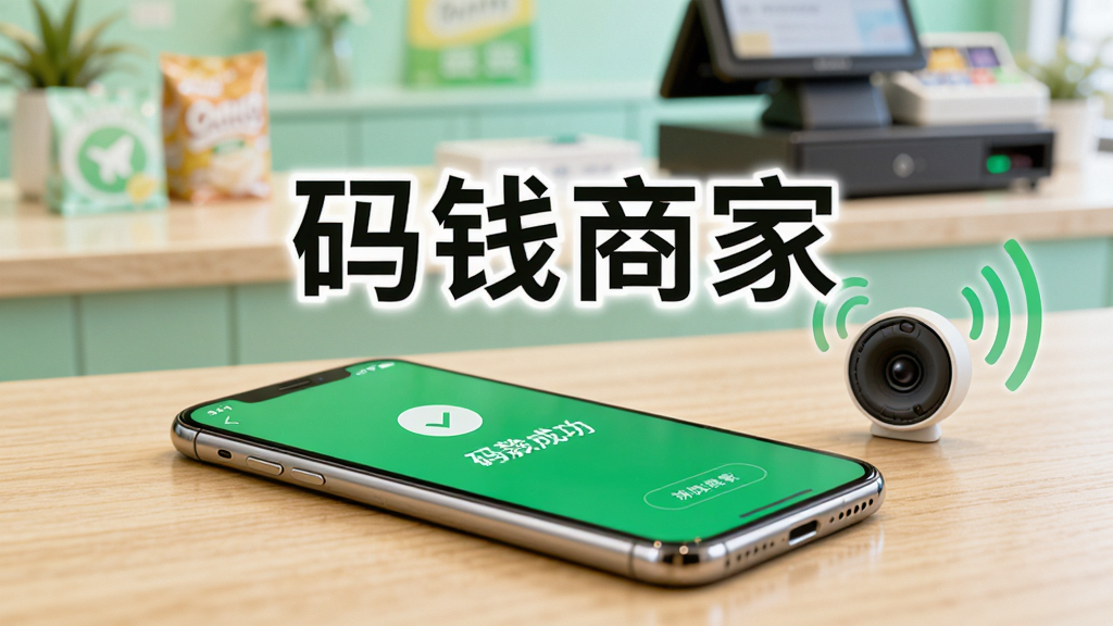 一部手机平放在木质桌面上,屏幕亮起显示绿色的收款成功界面,旁边有一个小音箱图标发出声波纹理,背景是虚化的店铺收银台场景,整体风格清新明快,画面中央用醒目字体标注“码钱商家”,画质细腻,构图简洁干净