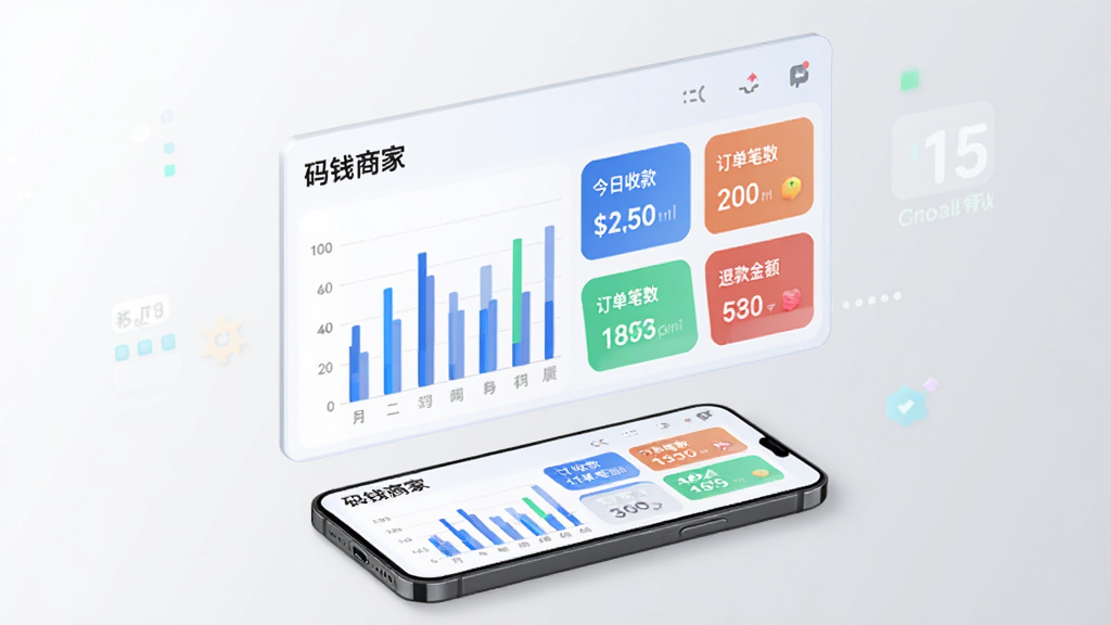 画面为一块悬浮的虚拟数据面板,面板上有柱状图与数字卡片,分别标注“今日收款”“订单笔数”“退款金额”等字样,面板下方是一部手机正在展示同样的数据界面,背景为干净的浅灰色渐变,风格偏向商务科技,画面中清晰出现“码钱商家”名称,细节丰富,无杂乱元素