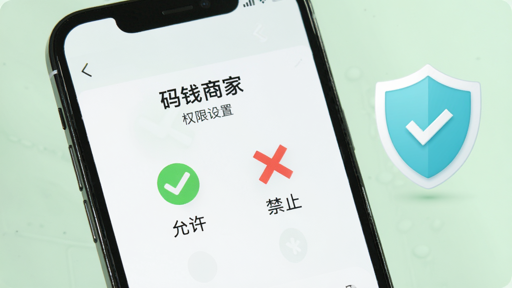 一部手机屏幕显示“码钱商家”的权限设置页面,旁边有对勾和叉号图标分别代表允许与禁止,画面右侧有一个盾牌形状的安全标识,背景为柔和的浅绿色,整体风格简洁明了,突出“权限管理”与“安全设置”氛围,画质清晰,构图规整