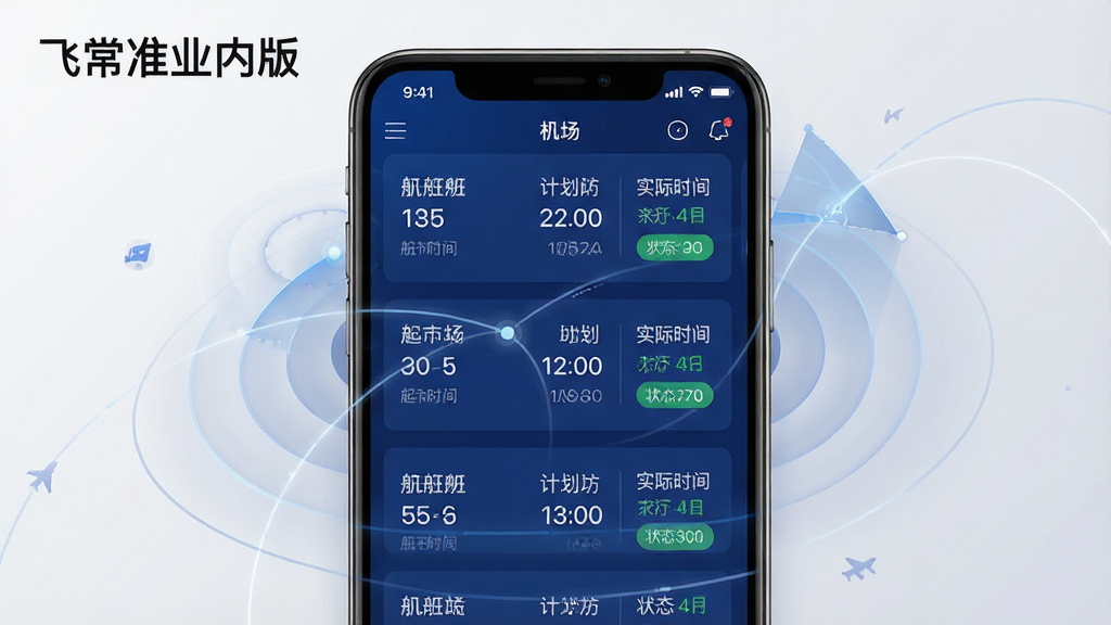 一张展示飞常准业内版手机应用主界面的预览图,画面中央是一部竖屏智能手机,屏幕内显示深蓝色调的航班动态看板,包含航班号、起降机场、计划时间、实际时间、状态标签等卡片式信息,手机周围环绕半透明的雷达波纹与航线弧线元素,背景为干净的浅灰色渐变,整体风格偏向科技商务,细节清晰,画质锐利,无多余装饰,画面中可加入文字“飞常准业内版”。