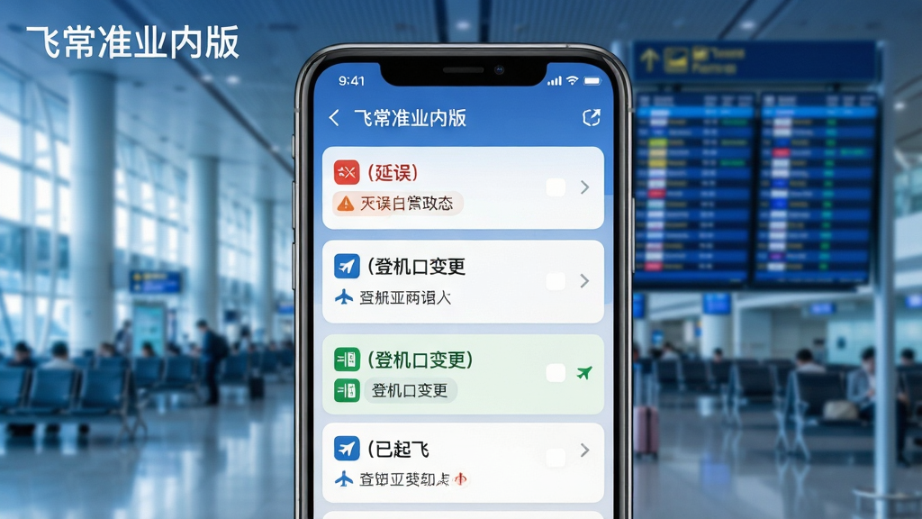一张展示飞常准业内版航班动态推送功能的AI生成图,画面主体为手机屏幕特写,屏幕上弹出多条航班状态通知卡片,卡片内包含“延误”“登机口变更”“已起飞”等字样,手机背景为机场候机大厅的虚化画面,有显示航班信息的电子屏,整体色调为冷蓝色与白色,布局简洁,风格现代,细节丰富,画质清晰干净,画面中可加入文字“飞常准业内版”。